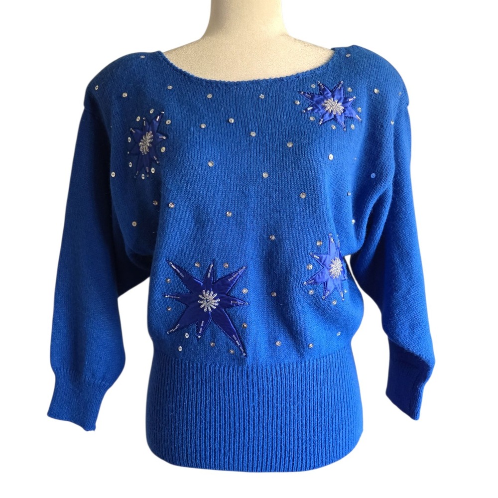 Vtg Mr‎ Mort Sweater Womens S Royal Blue Sequin Star Applique Batwing 80s Knit